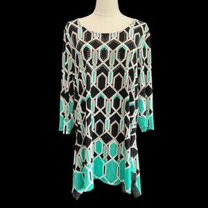 Teal/Black/White Abstract Print Tunic Top w/ Rhinestone Details